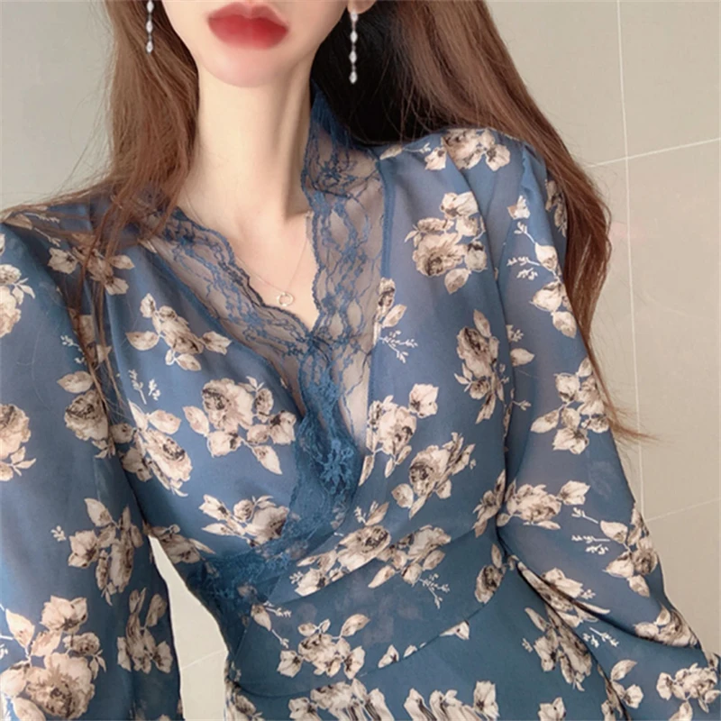 TongLord Spring Lace V-neck Floral Print Women Chiffon Dress 2020 Full Sleeve Lace-up Waist A-line Dress Female Chiffon Vestidos