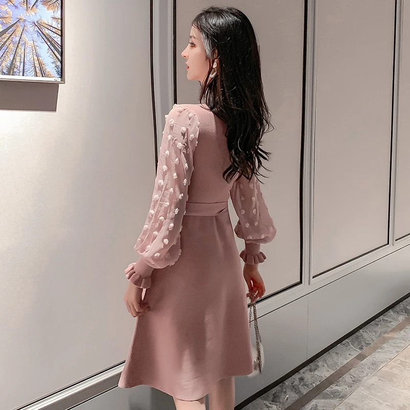 Шифоновое вязаное платье с рукавами в стиле пэчворк Новинка весна зима 2020 платья