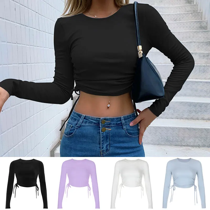 

2020 Women Irregular Drawstring Bandage Knitted Solid T-Shirt Sexy O-Neck Long Sleeve Solid Color Bodycon Cropped Tops