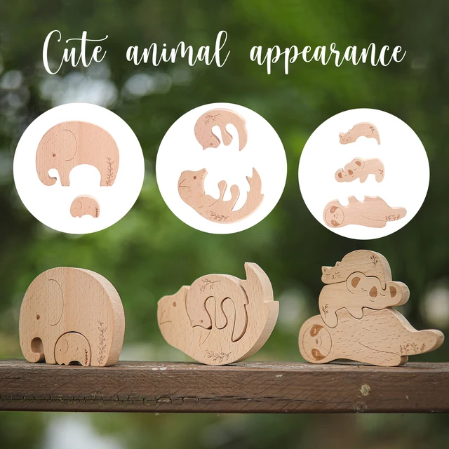 1 Set Baby Teether Food Grade Wooden Blocks Baby Montessori Educational Toys for Children Creative Animal Jigsaw Stacking Toys 6