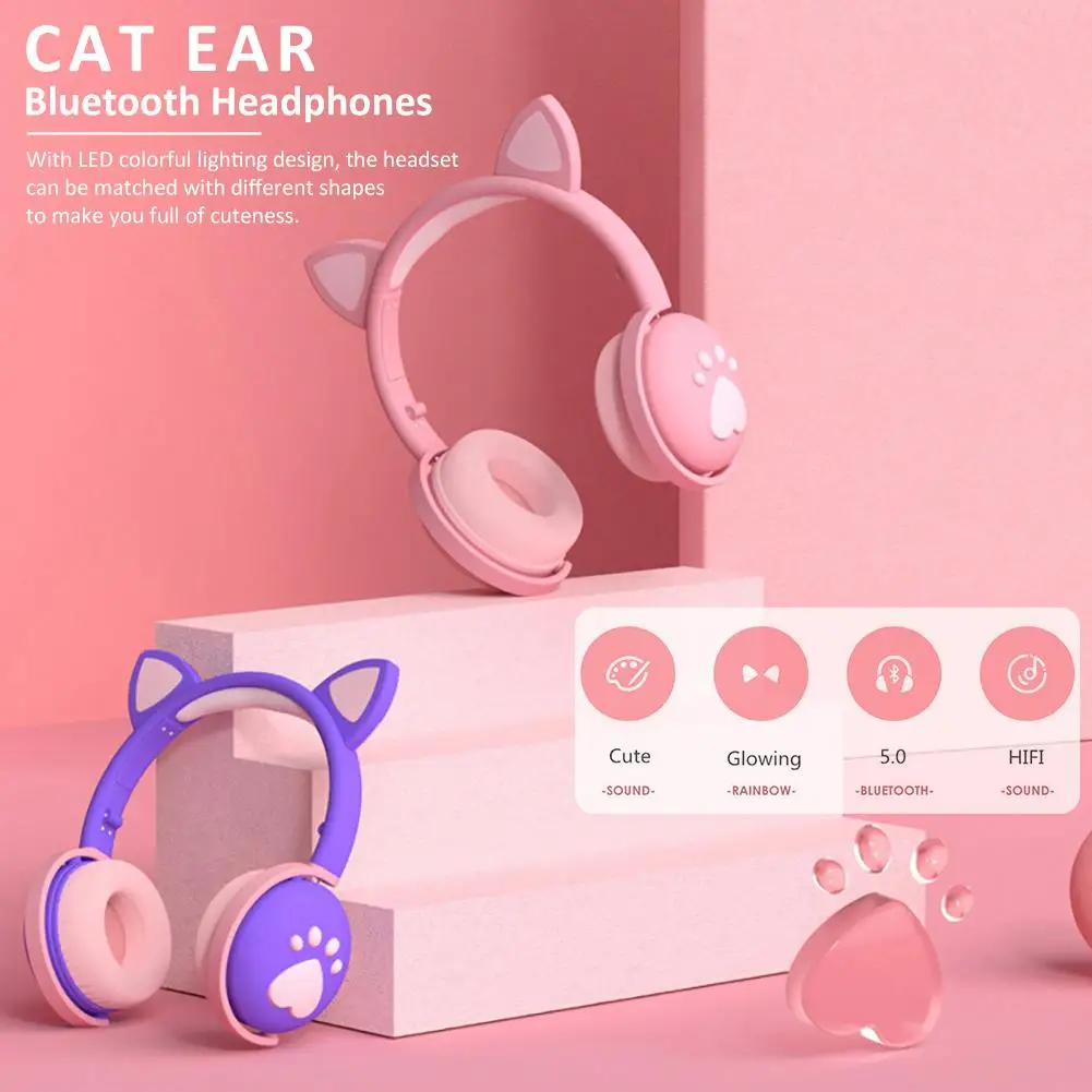 New LED Cat Ear Noise Cancelling Foldable Headphones Bluetooth 5 0 Young People Kids Headset With 3 5mm Plug With Mic