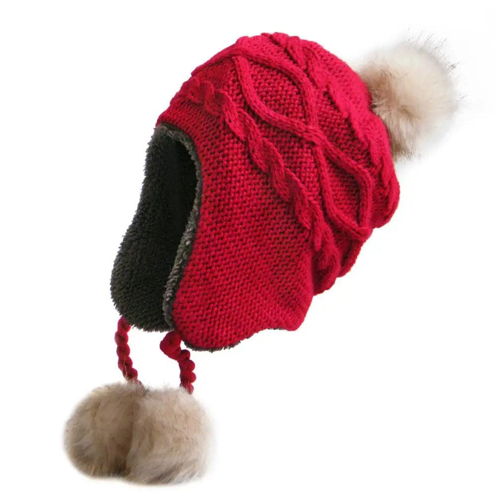 Red Brand Winter knitted Beanies Hats Women Thick Warm Beanie PomPoms Hat Female knit Bonnet Beanie Caps Parent-child Accessories - Цвет: Red