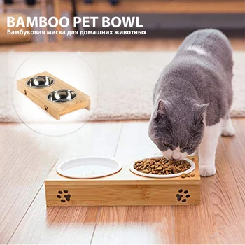

Cat Dog Feeder Drinking Bowls Stainless Steel/Ceramic Feeding And Drinking Bowls Combination Bamboo Frame Dogs Cats Pets Dish