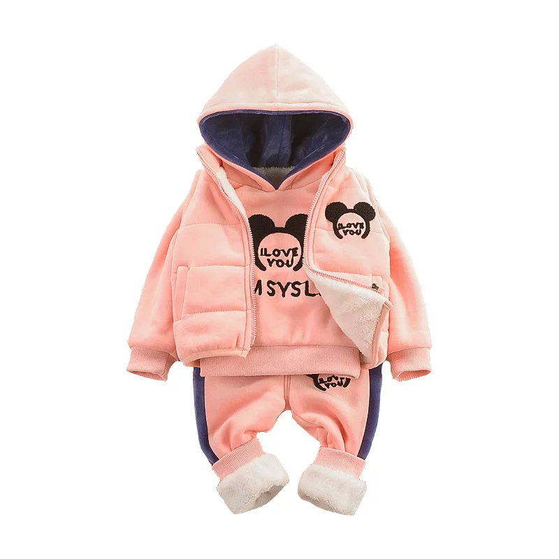 

Children's Winter Clothes Set New Winter Girls Plus Velvet Thickening Cartoon Lambskin Warm Jacket + Vest + Pants Three-piece