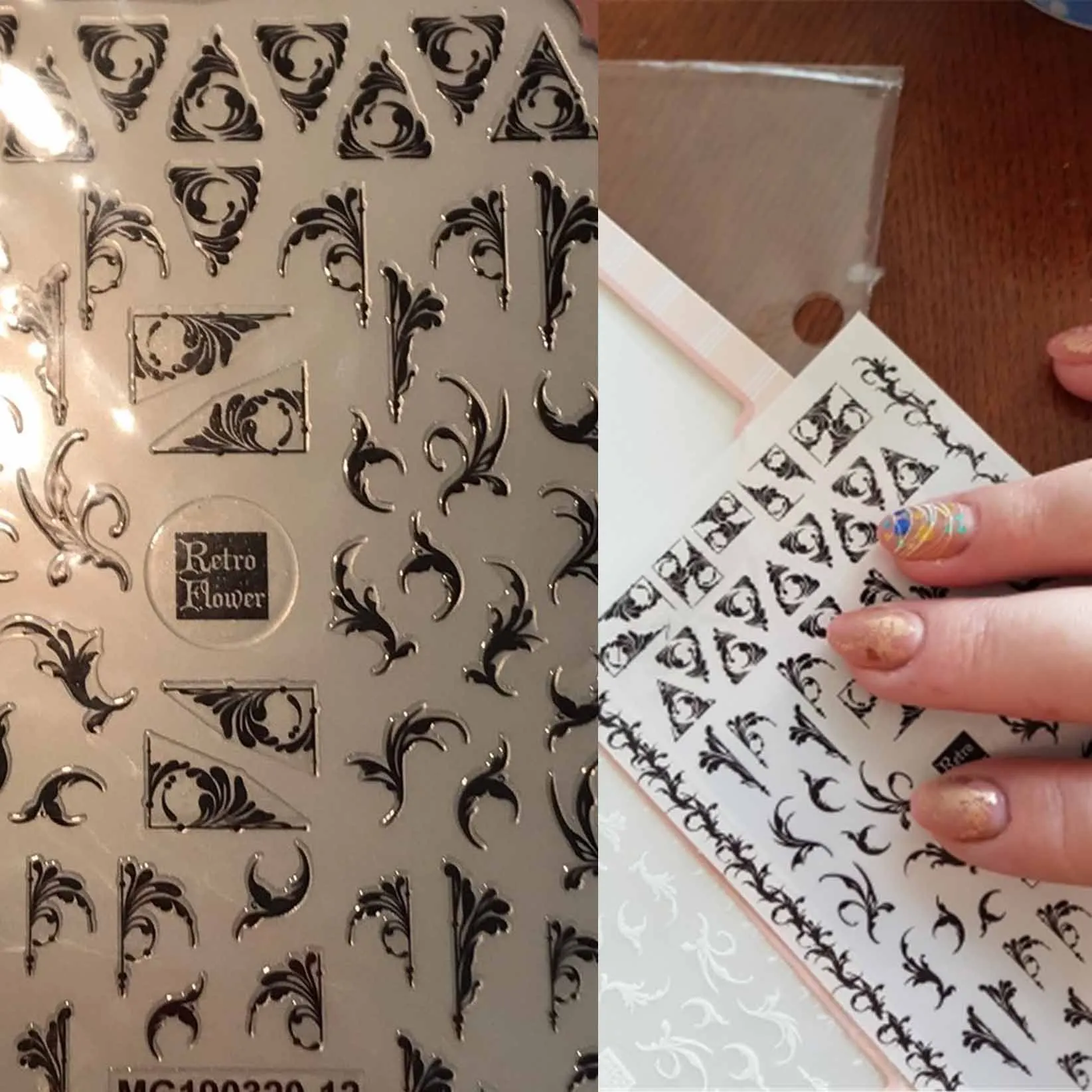 1 лист, стикеры 3D на ногти Nail Art, черный и белый цвета, форма arabessque, Водная передача, слайдер для ногтей