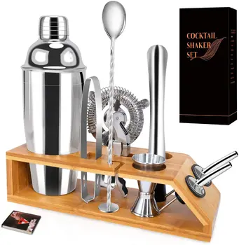 

Cocktail Shaker Set 10 Pieces Stainless Steel Shaker Set Bamboo Base