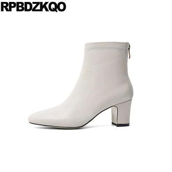 

autumn thick beige 2019 block chunky winter square toe genuine leather shoes booties high heel women ankle boots medium designer