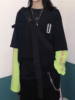

Harajuku T Shirt Fake Two Pieces Shirt Wome Stitching Long Sleeve Tops Aesthetic Grunge High Street Graphic T Shirts Streetwear