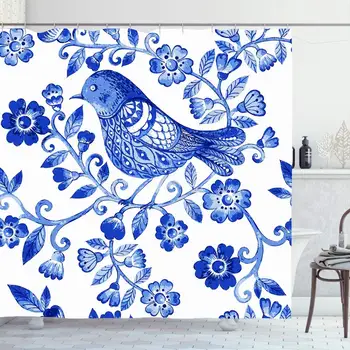 

Shower Curtain Set with Hooks 60x72 Floral Watercolor Pattern Nature Blue Color Romantic Abstract Graphic Ornamental Beautiful