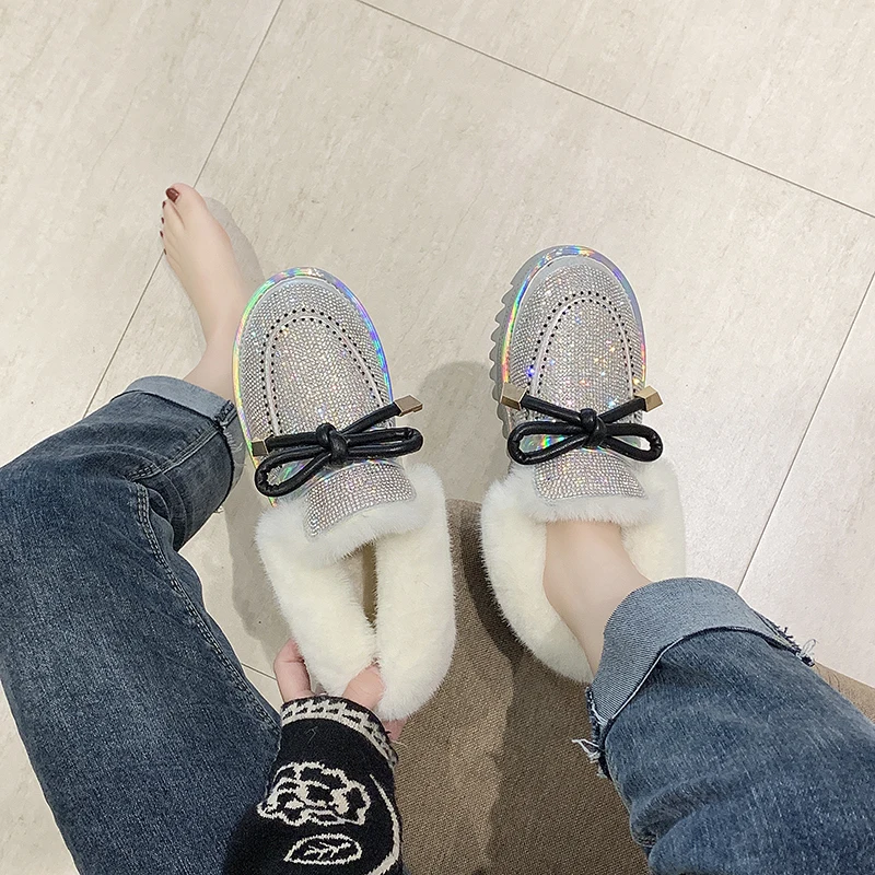 Женские зимние ботинки; Botas; стразы; водонепроницаемая обувь на плоской подошве; теплые женские ботильоны из толстого плюша; зимняя обувь на платформе - Цвет: Серебристый