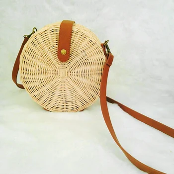 

Women Round Rattan Straw Bag Beach Bag Vintage Summer Handmade Woven Messenger Crossbody Shoulder Bag