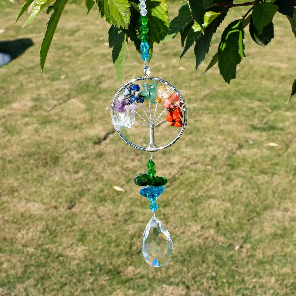 

H&D Crystal Suncatcher Tree of Life Window Ornament with 38mm Crystal Prism Rainbow Maker Sun Catcher for Home Garden Decor