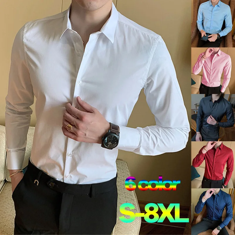 

DEVIL KING2020 New Men's Fashion Solid Color Cotton Long-sleeved Shirt Casual Slim Social Business Formal Shirt