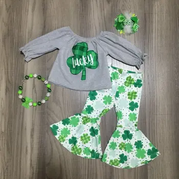 

baby Girl girls St Patrick outfits grey top with green clover print bell bottom clover pant girls outfits with accessories