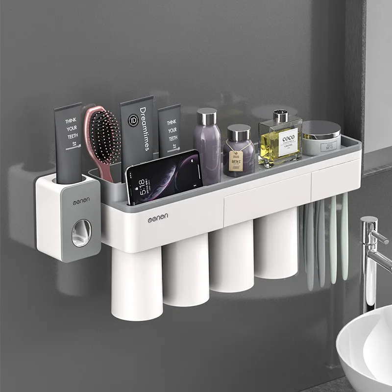 

Creative Magnetic Wall Mount Bathroom Tools Storage Rack Toothbrush Holder with Toothpaste Dispenser Bathroom Accessories Set