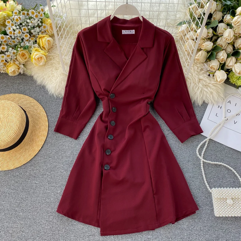 Amolapha женское однотонное платье Vestidos с коротким рукавом однобортное элегантное женское Повседневное платье для работы - Цвет: Бургундия