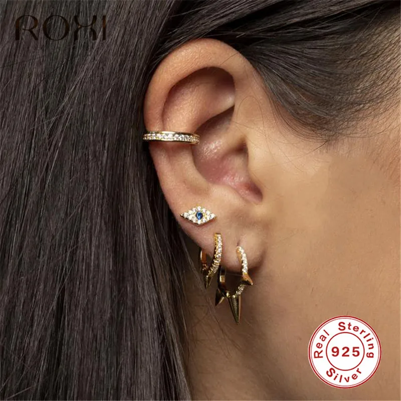 ROXI 925 пробы серебряные мини циркониевые голубые глаза маленькие серьги-гвоздики для женщин ювелирные изделия турецкий глаз маленькие серьги в стиле панк