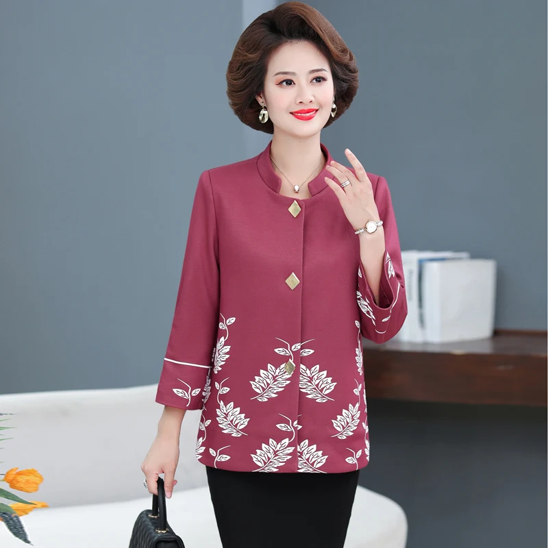 Mature Women Blazer Smart Casual Jacket Suit For Office Lady Autumn Spring Blue Red Khaki Oufits Leaf Printing Blazers XXXXXL