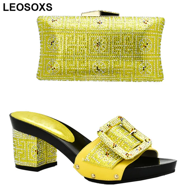 

New Yellow Color Ladies Italian Shoes and Bag Set Decorated with Rhinestone Matching Shoes and Bag Set Decorated with Rhinestone