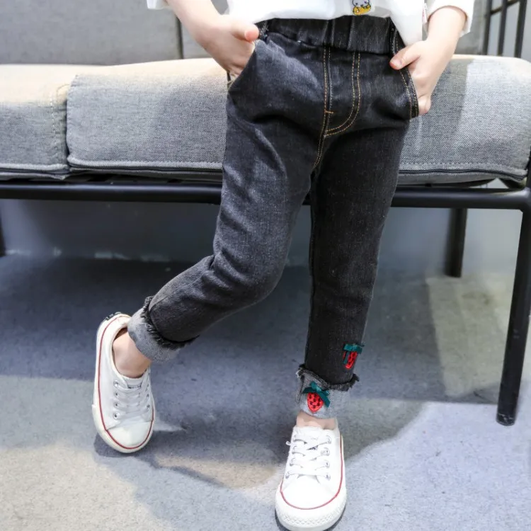 Girls' Trousers Autumn Medium-small Girls Strawberry Crimping Jeans Female Baby Autumn Clothing Korean-style Trousers