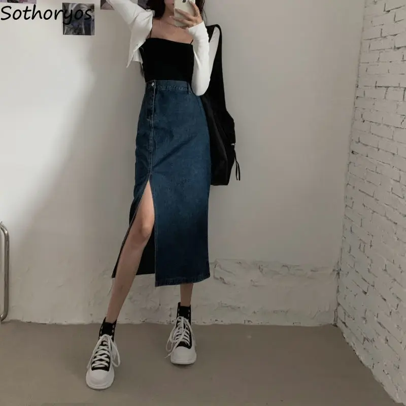 

Denim Side-slit Women Skirts Vintage Button Zippers A-line High-waist Design Streetwear Trendy All-match Midi Skirt Leisure Chic