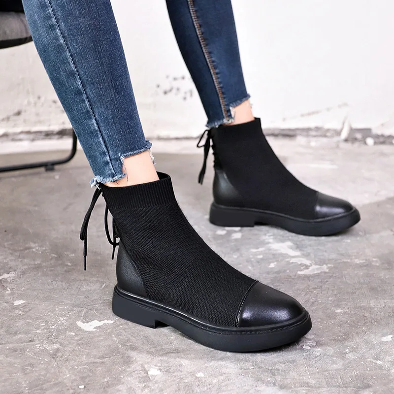 

Liren 2019 Spring/Autumn Women Fashion Sexy Boots Knitting Ankle Comfortable Boots Lace-Up Round Toe Square Heel Women Shoes