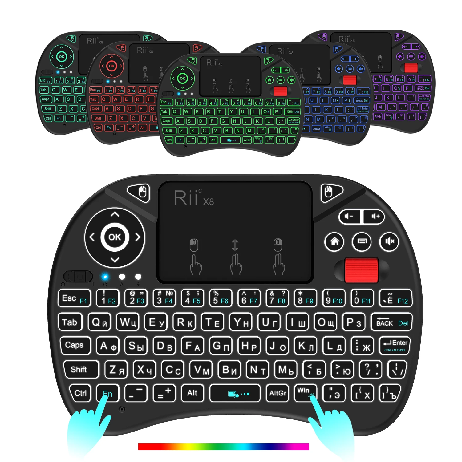rii backlit mini teclado sem fio inglês russo português ar mouse touchpad remoto para android caixa de tv pc