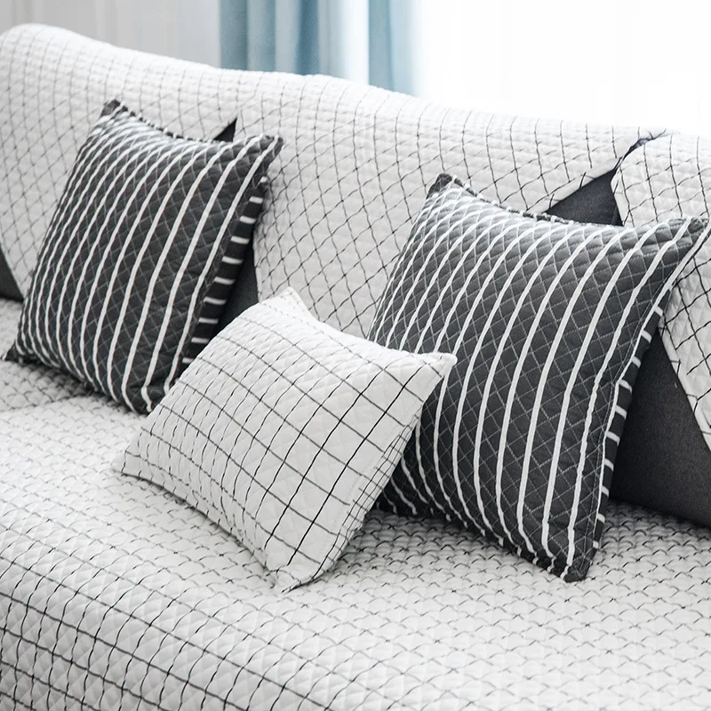 Sectional Sofa Towel L Shaped Quilted Sofa Cover Modern Minimalist White Black Plaid Stripe Sofa Slipcovers Cotton Tatami Mat