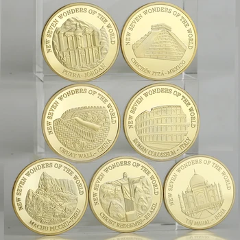 

7pcs/lot New Seven Wonders of The World Coins Gold Plated Souvenir Coins