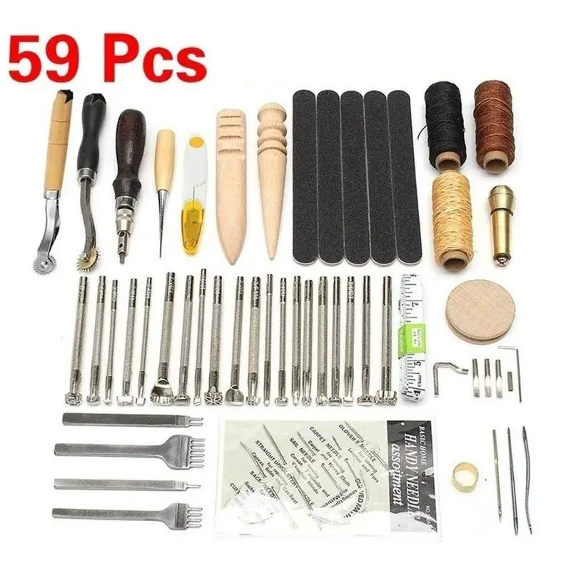 

59pcs/set Leather Craft Hand Tools Kit Thread Awl Waxed Diy Stitching Carving Tool Set Thimble Kit For Hand Sewing Stamping