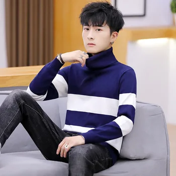 

2020 Autumn Casual Men's Jacquard Pullover Mercerized Cotton Base Sweater Youth Striped Turtleneck Sweater