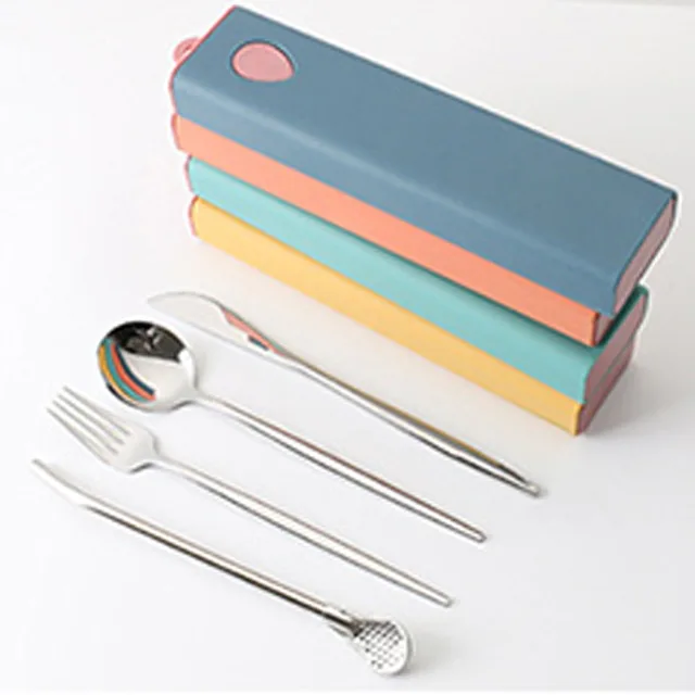 3PCs/4PCs Glossy Stainless Steel Tableware Spoon Fork Knife Straw Reusable Travel Cutlery Set Camp Utensils Set Portable Case A-Silver