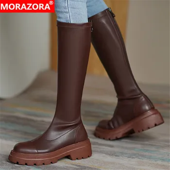 

MORAZORA 2021 New Arrival Knee High Boots Comfortable Genuine Leather Boots Med Heels Round Toe Winter Women Boots