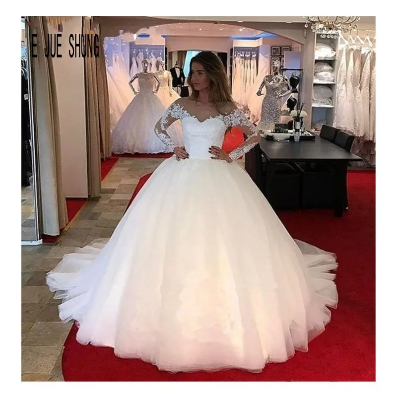 

E JUE SHUNG Lace Wedding Dress 2020 New Long sleeves Wedding Gown Off Shoulder Lace Appliques With Beaded Long Ball Gowns