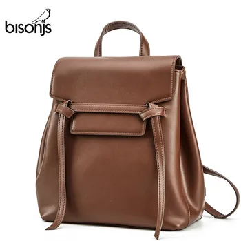 

BISONJS Leather Women Backpacks Female Shoulder Bag Travel Ladies Bagpack Mochila iPad School Bags For Girls B1839