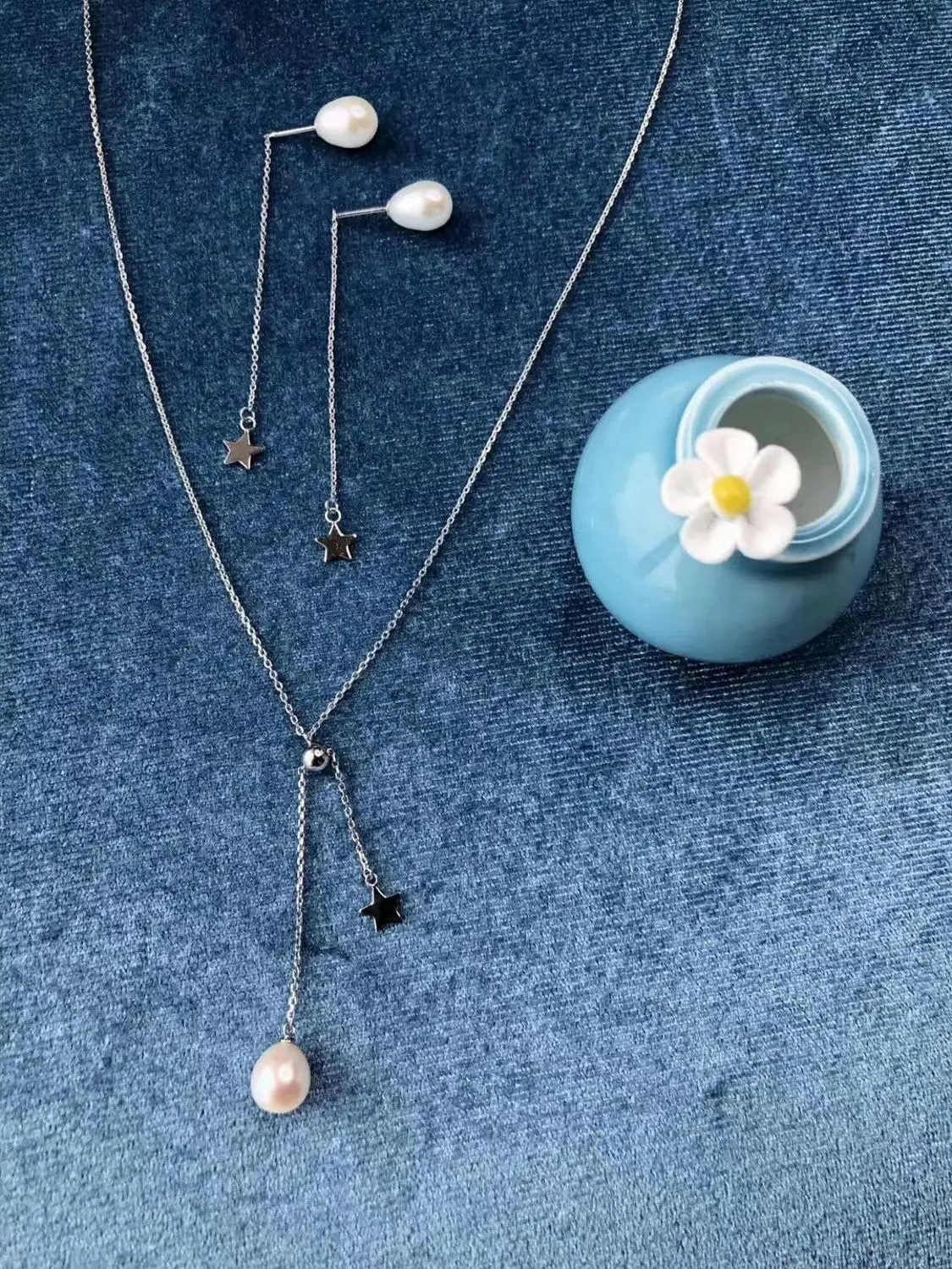 

VOJEFEN Genuine Freshwater Pearl 925 Sterling Silver Teardrop Bridal Elegant Pendant Necklace Made with Pearl Necklace Earrings