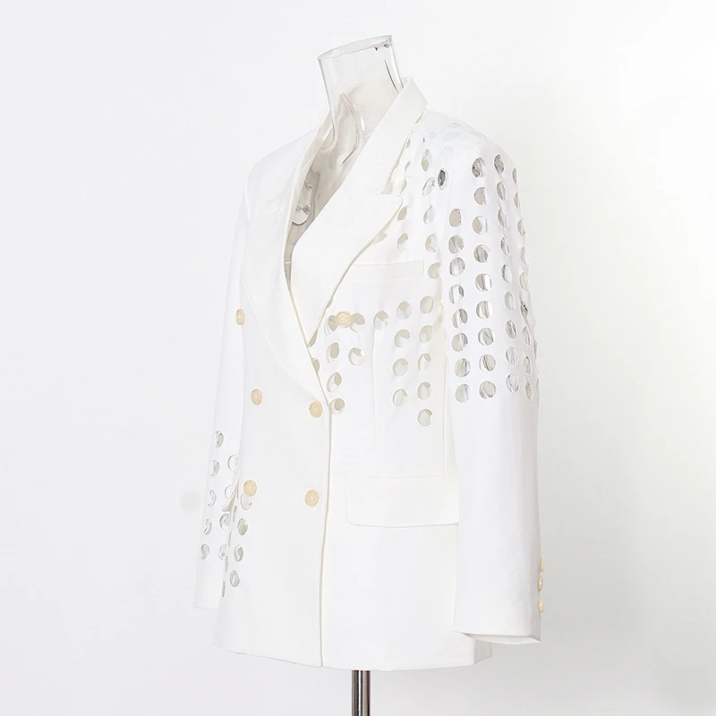 ECRURANI Hollow Out Casual Blazers For Women Notched Collar Long Sleeve Slimming Solid Blazer Female Fashion Clothing 2021 Style