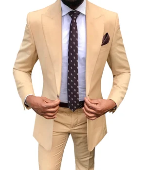 

Mens Suits Slim Fit Two Pieces Champagne Business Groom Jacket Tuxedos Blazer Navy Suits for Wedding Prom Evening(Blazer+Pants)