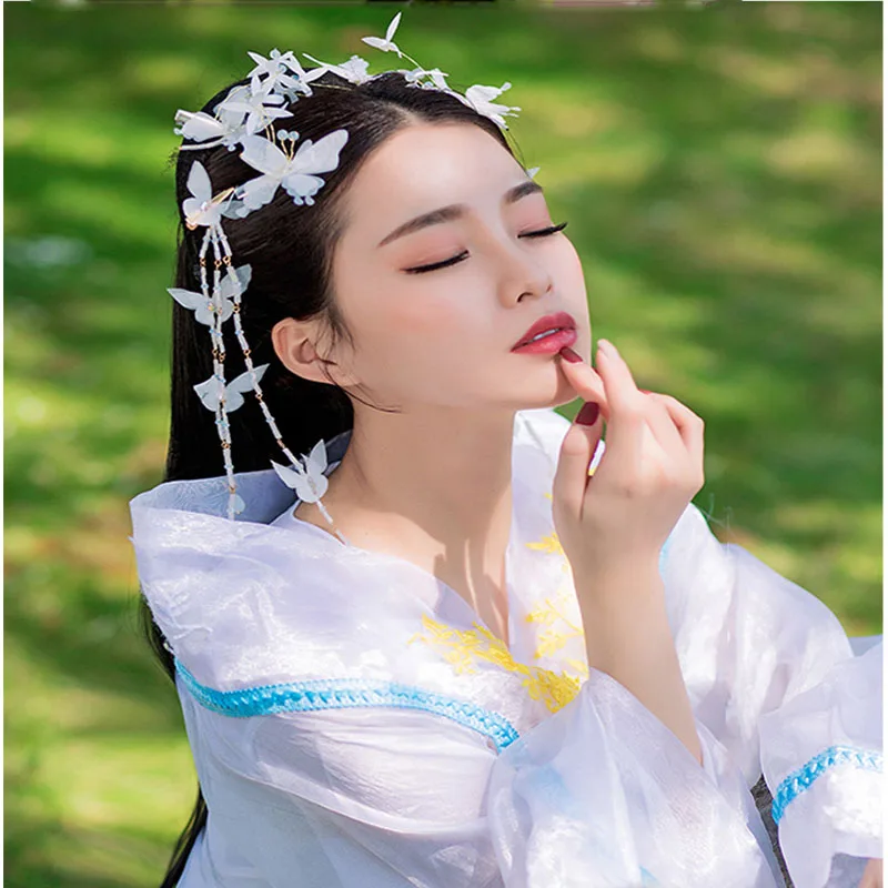 QIANJI китайский Hanfu супер фея кисточкой головной убор полный набор красивая бабочка ювелирное изделие в виде заколки аксессуары для волос заколка для волос