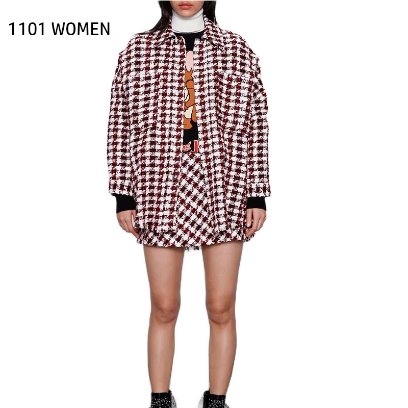 

ZA NEW Spring Women 2 pieces Set red white plaid long Sleeve turn-down collar coat mini dress Suit female sexy casual clothes