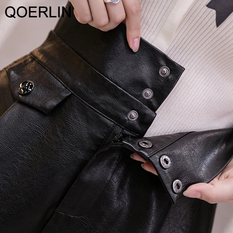 QOERLIN PU leather Shorts Women Boot Outfit High Waist Wide Leg Short Trousers Chic Pocket Button Shorts Hotpants Shorts S-XL