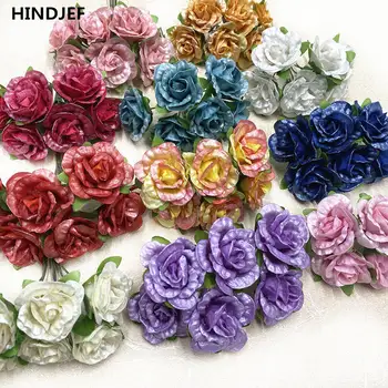 HINDJEF 6PCS Beautiful Pink Roses Flower Bouquet Stamens Diy Garland Material Plant Fake Flower Wedding Banquet Scrapbook