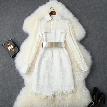 

Autumn Dress 2019 Women's Turn Down Collar Long Sleeved Chiffon Patchwork Tweed Slim Belted Irregular Tassels Dress Female S-XL