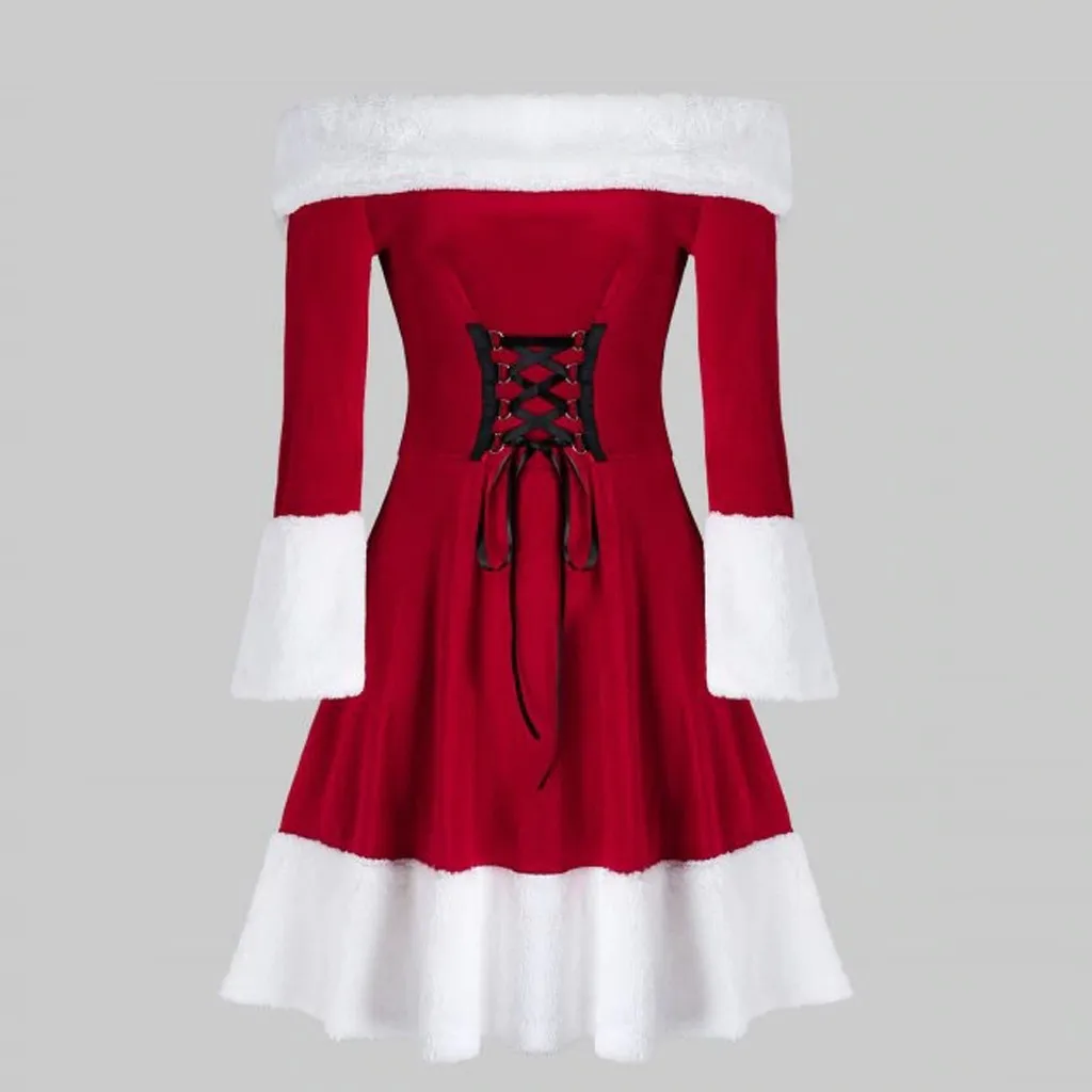 Зимнее женское платье на Рождество модное Merry Christmas бархатное с длинным рукавом красный фестиваль с открытыми плечами элегантное платье# G1