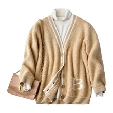 

SHUCHAN Thick 100% Cashmere Vintage Cardigan Knit Winter Warm Woman Sweaters Loose Korean Fashion Letter Cute Cardigan