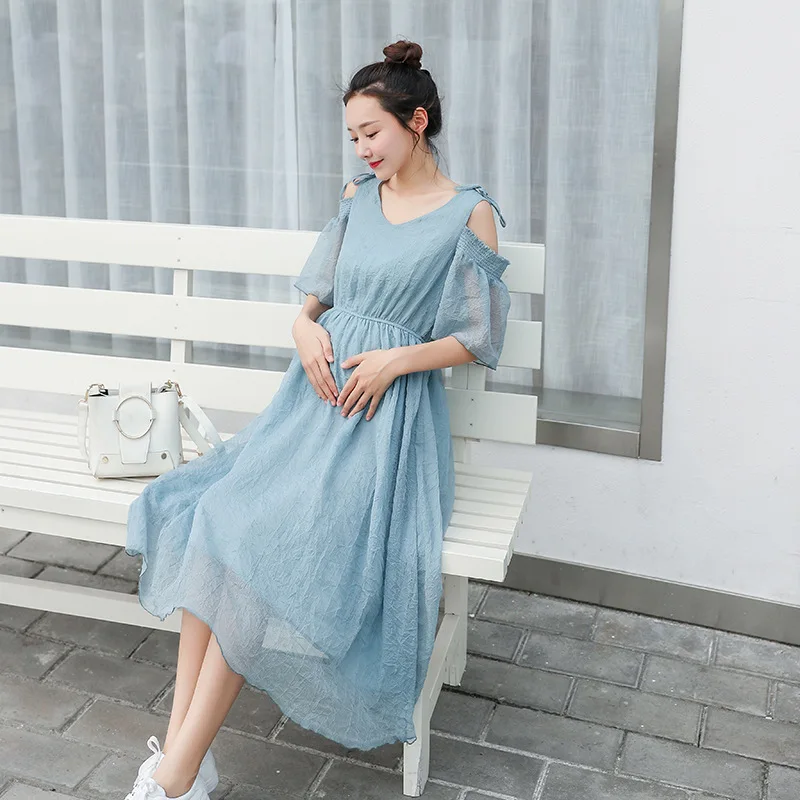 

Maternity Clothes 2019 Summer Wear New Style Korean-style Fashion Chiffon Loose-Fit off-Shoulder Short Sleeve Pregnant Women Dre