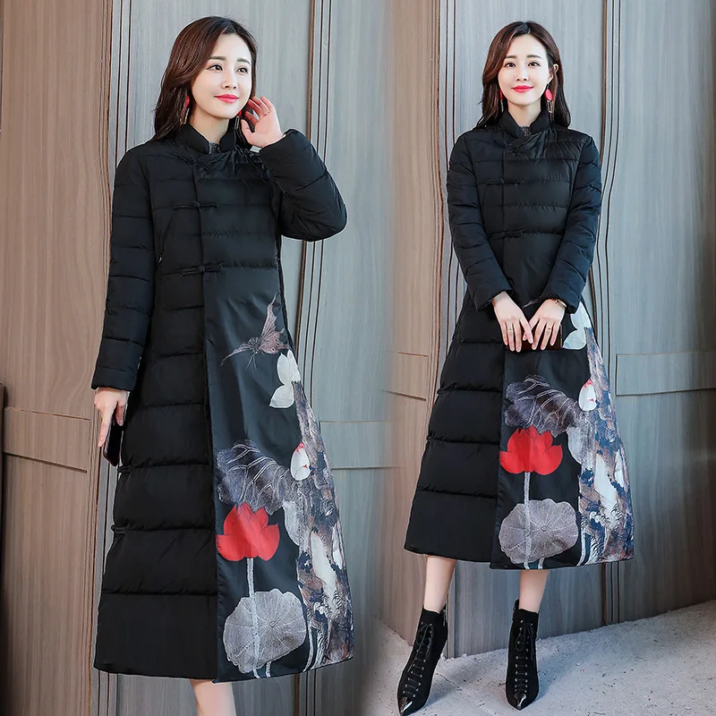 

2018 Autumn & Winter Mid-length Long Sleeve Lotus Solid Color Zipper Cotton-padded Clothes