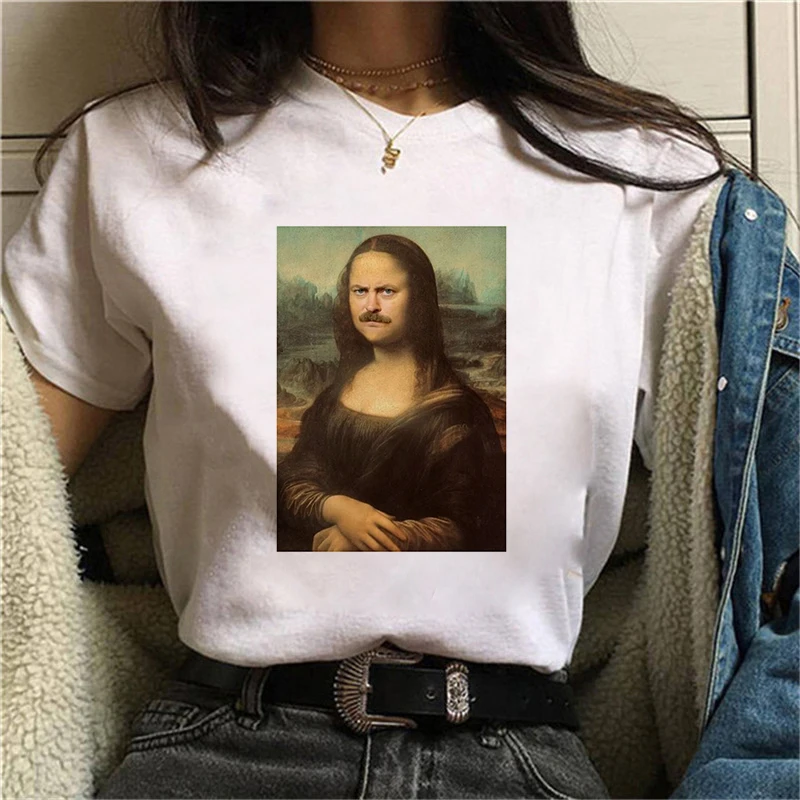 

Women Vintage Style Fashion Mona Lisa spoofs pictures Print Funny Summer T shirt Women Vogue Princess Short T Shirt