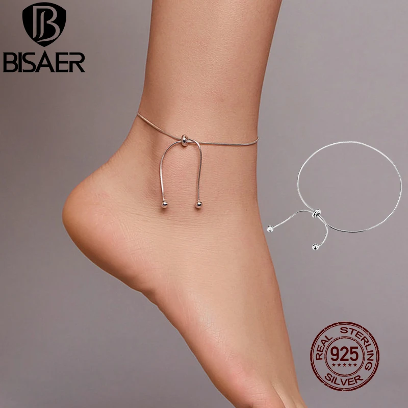 BISAER Stylish Simple Anklets 925 Sterling Silver 25cm Adjustable Foot Chain Anklet For Women Feet Leg Link Jewelry ECT016 BISAER Stylish Simple Anklets 925 Sterling Silver 25cm Adjustable Foot Chain Anklet For Women Feet Leg Link Jewelry ECT016