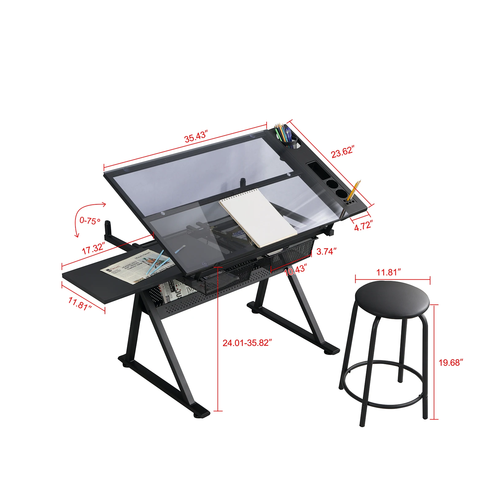 US $242.27 Height Adjustable Glass Top Drafting Table with Storage Drawer and Stool 472551x236x274358Inches BlackUSStock